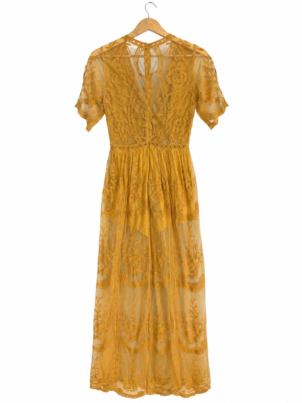 Honey Punch Women’s Mustard Lace Maxi Dress/Romper, Size Small - Picture 3 of 8
